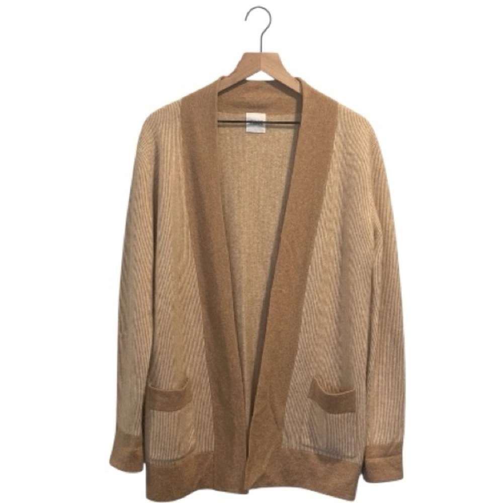 MADELEINE THOMPSON Calla 100% Cashmere Two-Tone, Tan, Long Open Cardigan, Large